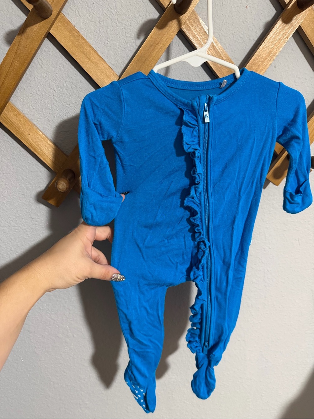 Posh Peanut Royal Blue Ruffle Zip Footed One-Piece
